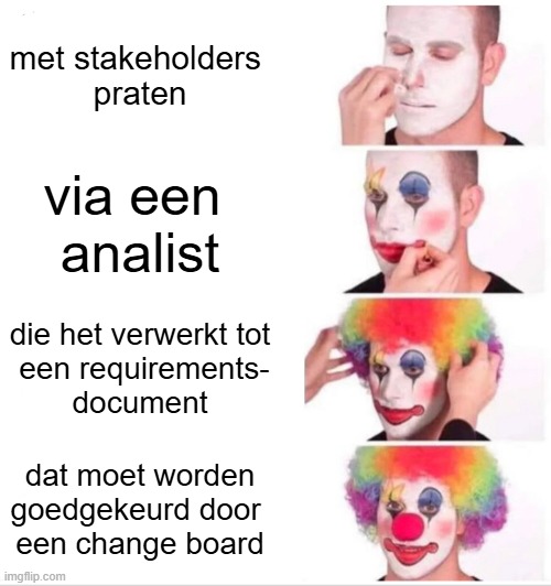 Afbeelding van een man die wordt opgemaakt tot clown. De tekst die erbij staat luidt: 'Praten met gebruikers... via een analist... die het verwerkt tot requirements-document... dat moet worden goedgekeurd door een change board'