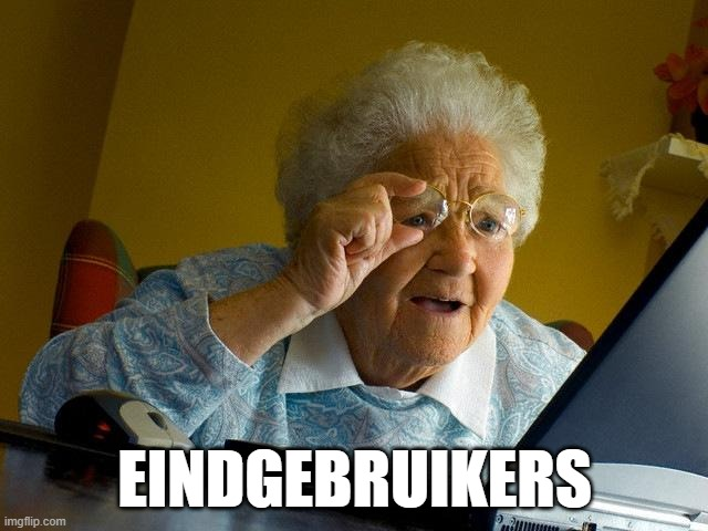 Afbeelding van een oude vrouw die moeilijk naar een computerscherm kijkt. De tekst die erbij staat luidt: 'Eindgebruikers'